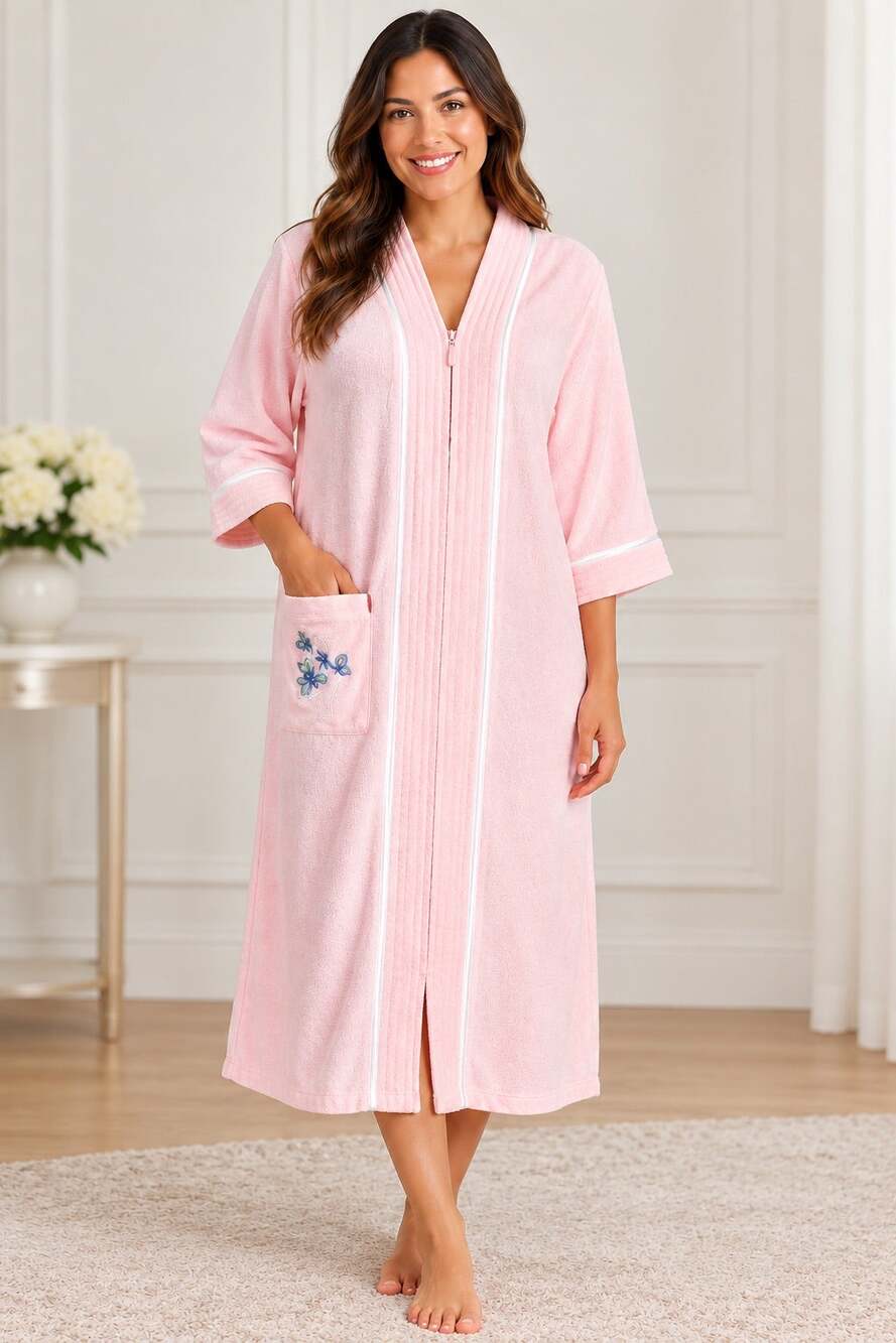 2X Pink 80% Cotton Terry Cloth Zip Front Spa Robe Housecoat Plus NWT